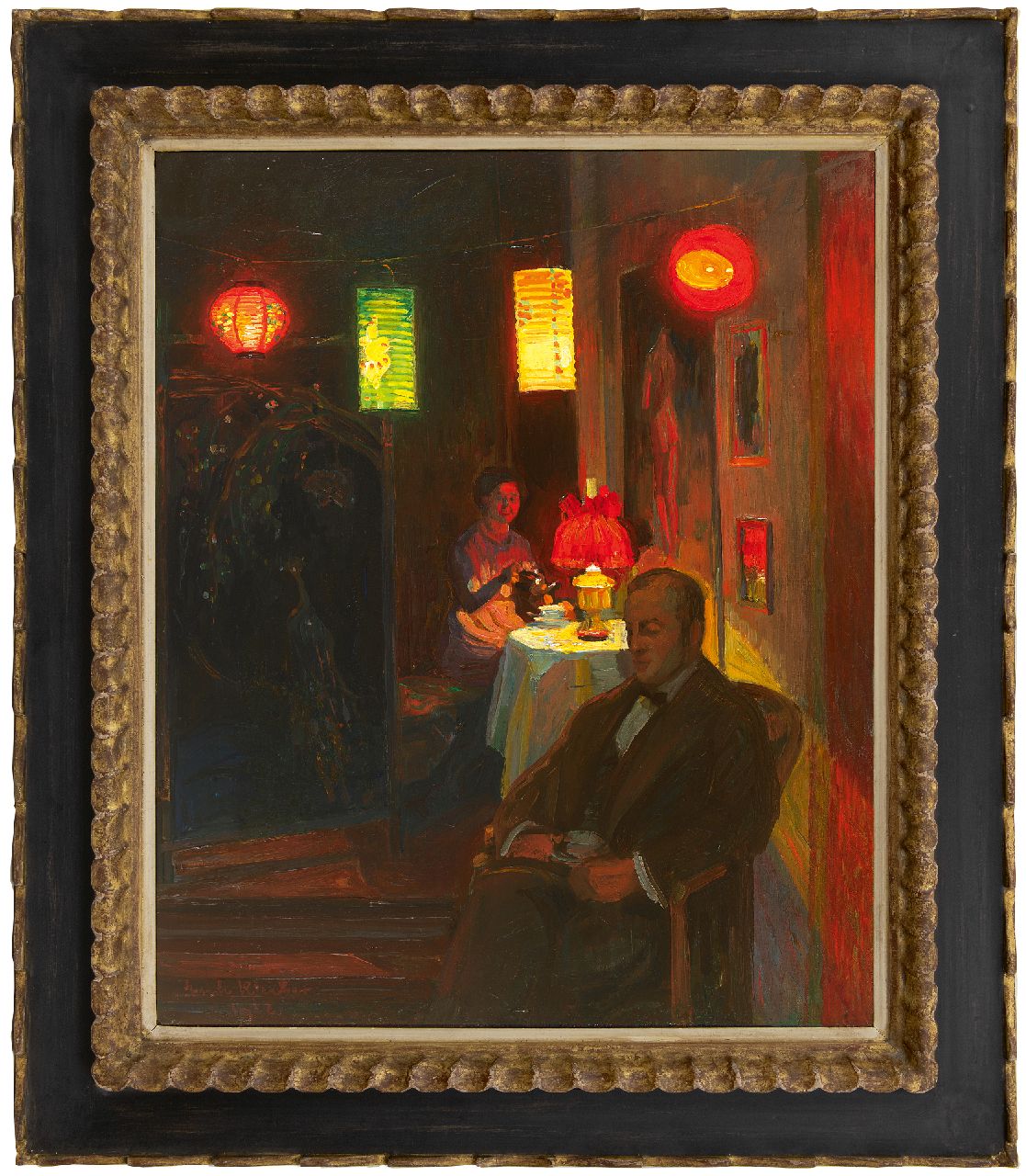 Kleiber E.  | Erich Kleiber | Gemälde zum Verkauf angeboten | Abendliche Teestunde bei chinesischem Lampionslicht, Öl auf Leinwand 68,0 x 55,0 cm, Unterzeichnet l.u. und datiert 1912
