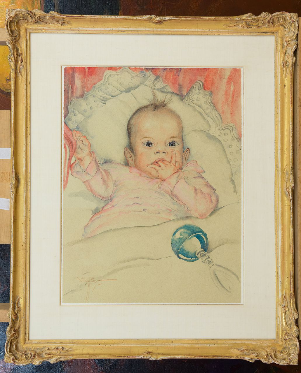 Verhorst A.J.  | Andreas Jacobus 'André J.' Verhorst | Aquarelle und Zeichnungen zum Verkauf angeboten | Porträt des Babys Emmie Reijnders, Bleistift und Aquarell auf Papier 44,5 x 33,5 cm, Unterzeichnet l.u. und datiert '35