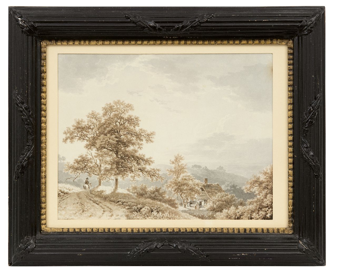 Koekkoek B.C.  | Barend Cornelis Koekkoek, Reisender Reiter in Hügellandschaft, Sepia und gewaschene Tinte auf Papier 21,2 x 27,4 cm, Unterzeichnet l.u. und zu datieren um 1833-1840