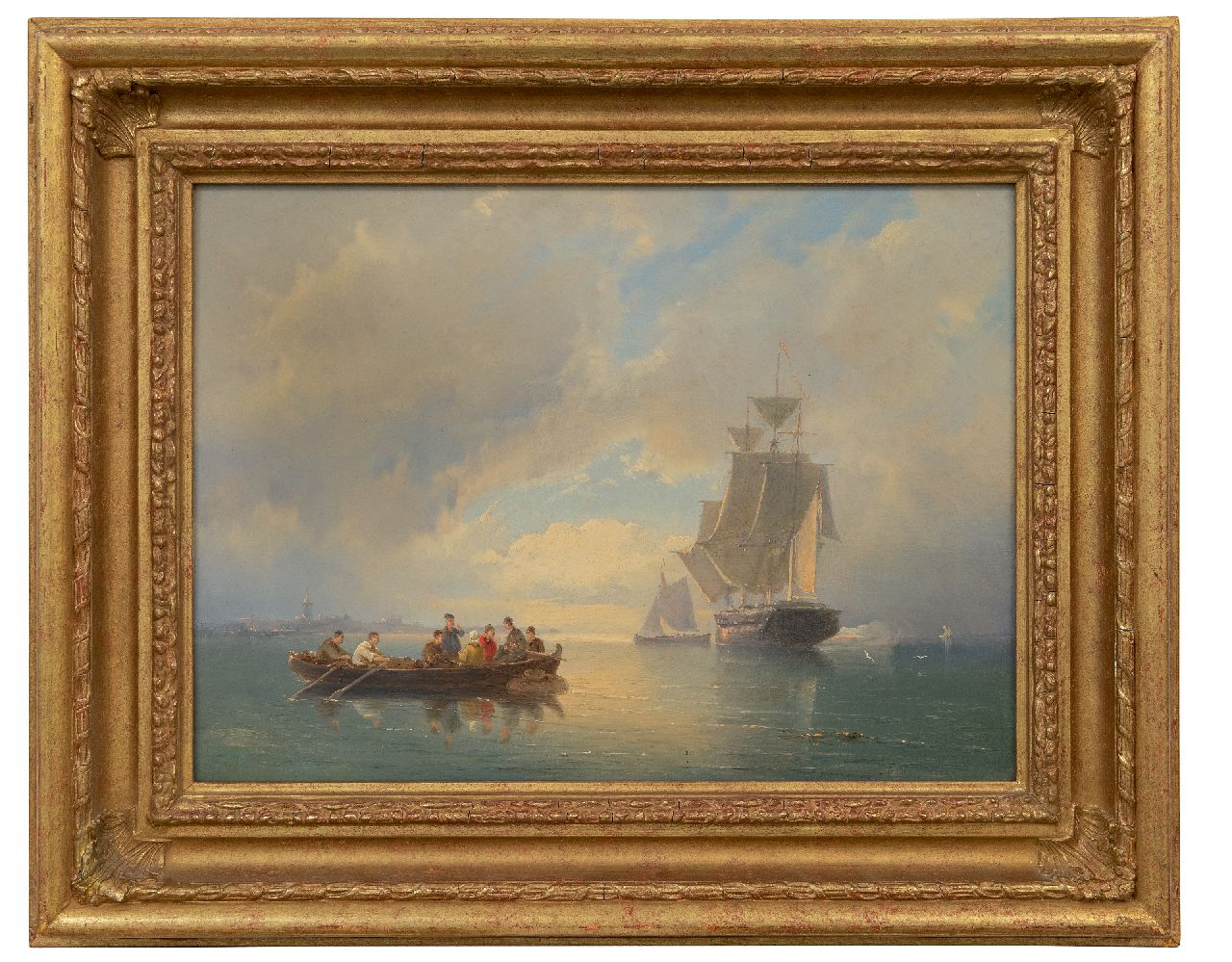 Dommershuijzen P.C.  | Pieter Cornelis Dommershuijzen | Gemälde zum Verkauf angeboten | Eine Kriegsfregatte feuert ein Salutschuß ab vor der Küste, Öl auf Leinwand 27,5 x 38,1 cm, Unterzeichnet u.l. (undeutlich) und datiert 1884, ohne Rahmen