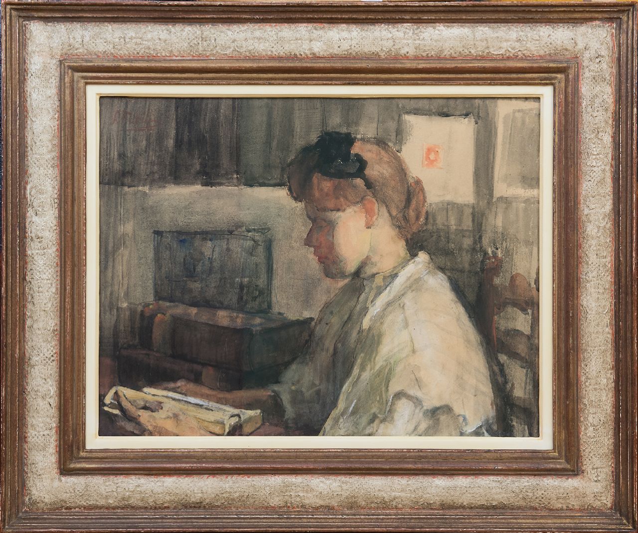 Fritzlin M.C.L.  | Maria Charlotta 'Louise' Fritzlin, Mädchen beim Lesen, Aquarell auf Papier auf Holzfaserplatte 32,5 x 42,0 cm, Unterzeichnet l.o. und zu datieren 1908