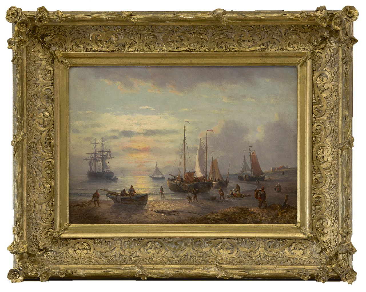 Opdenhoff G.W.  | Witzel 'George Willem' Opdenhoff, Fischer und Boote am Strand mit untergehender Sonne, Öl auf Holz 21,6 x 31,1 cm, Unterzeichnet l.u.