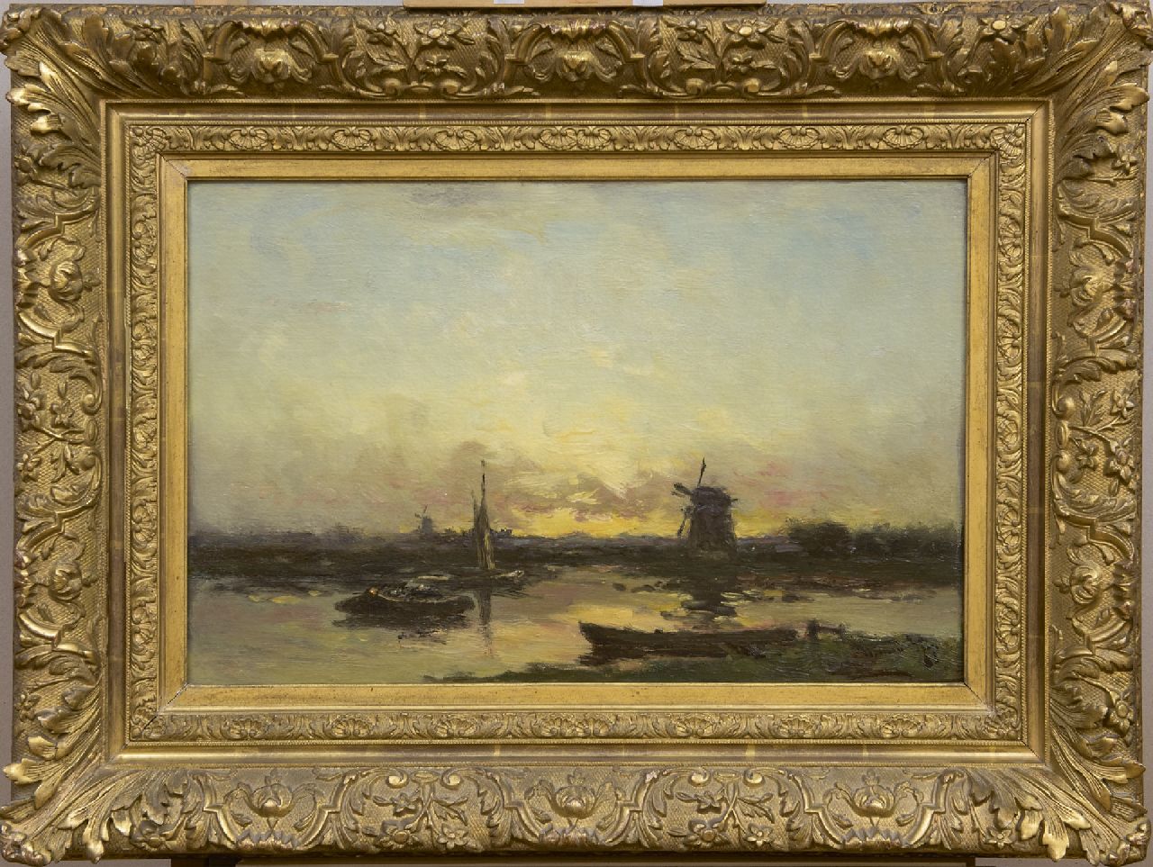 Rip W.C.  | 'Willem' Cornelis Rip | Gemälde zum Verkauf angeboten | Poldermühlen und Schiffe bei Sonnenuntergang, Öl auf Leinwand 36,9 x 55,5 cm, Unterzeichnet r.u.