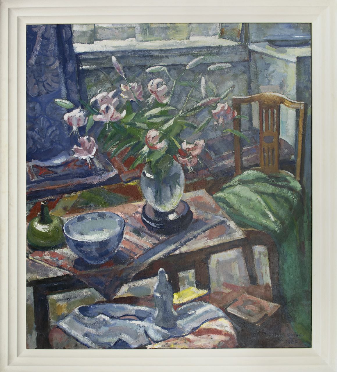 Koning R.  | Roeland Koning, Sitzecke mit einer Vase mit Lilien, Öl auf Leinwand 161,3 x 139,7 cm, Unterzeichnet r.u. und datiert 1980