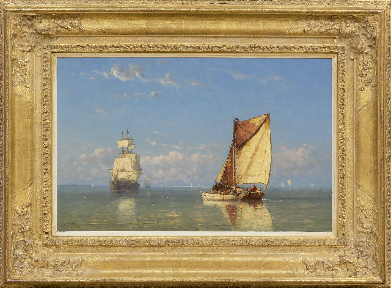 Schütz J.F.  | Jan Frederik Schütz, Dreimaster und Fischerboot auf seeländichem Wasser, Öl auf Holz 32,6 x 50,8 cm, Unterzeichnet l.u. und datiert '79