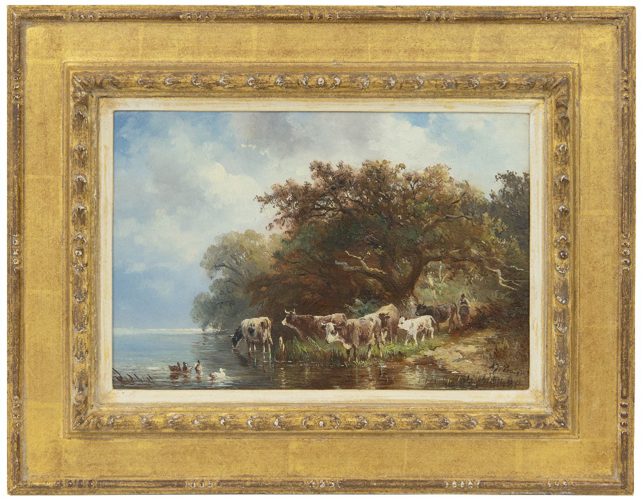 Prooijen A.J. van | Albert Jurardus van Prooijen | Gemälde zum Verkauf angeboten | Hirtin mit Kühen am Ufer eines Flusses, Öl auf Holz 19,7 x 29,1 cm, Unterzeichnet r.u.