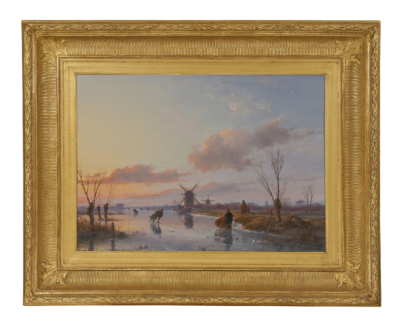 Schelfhout A.  | Andreas Schelfhout, Skaters on a Dutch waterway at sunset, Öl auf Holz 47,1 x 66,3 cm, signed l.r. und dated 1845