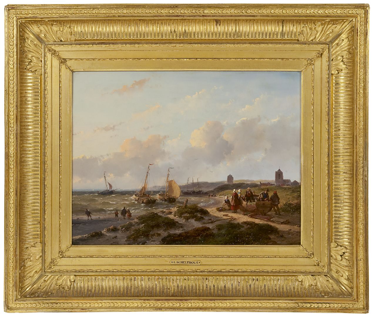 Schelfhout A.  | Andreas Schelfhout, Fischerboote vor der Küste von Katwijk, Öl auf Holz 33,5 x 44,0 cm, Unterzeichnet r.u. und datiert '57