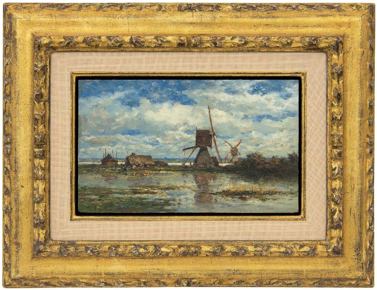Roelofs W.  | Willem Roelofs, Landschaft mit zwei Mühlen im Polder Stolwijk (bei Gouda), Öl auf Holz 14,8 x 24,0 cm, Unterzeichnet u.l. und zu datieren um 1872-1875