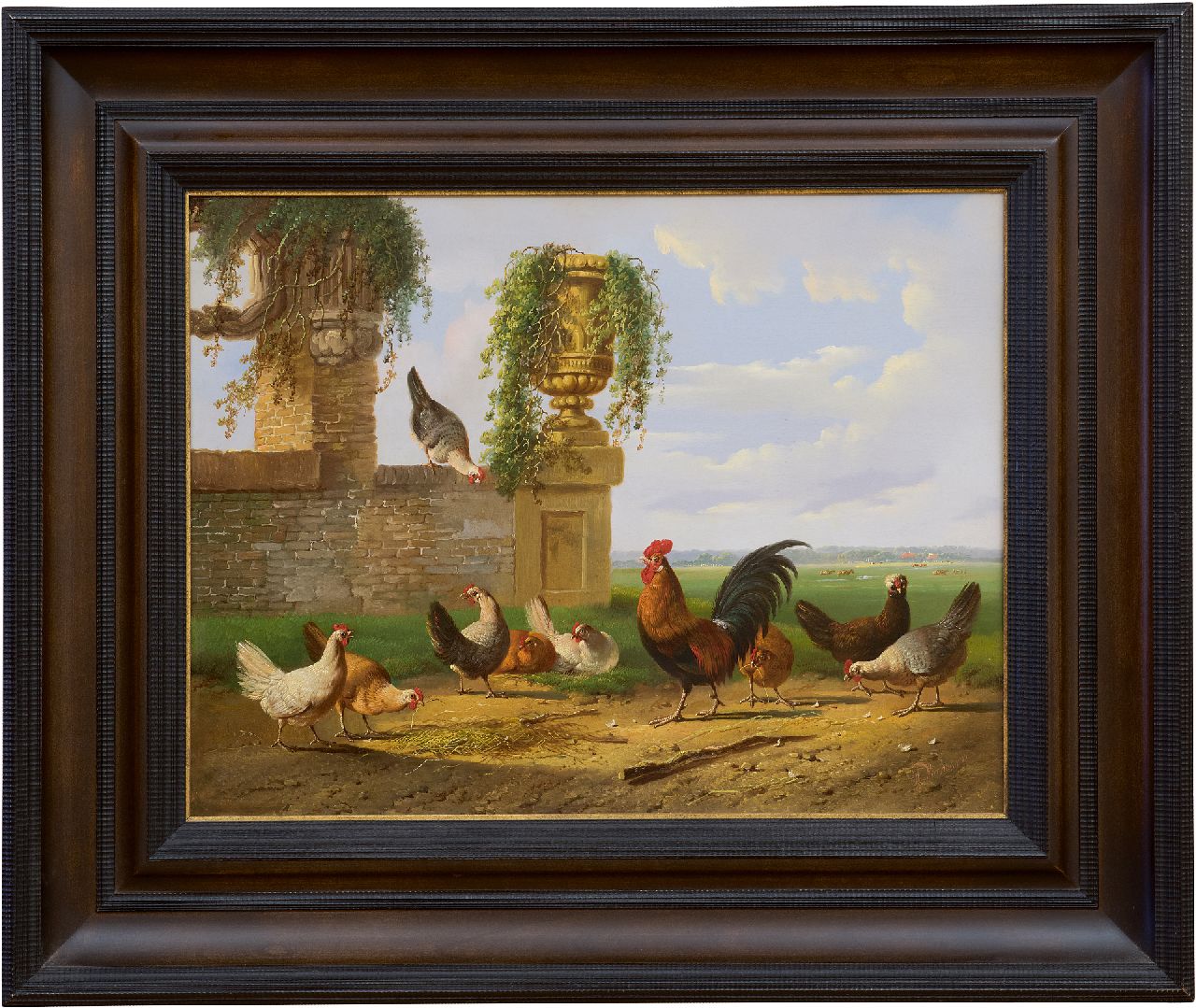 Verhoesen A.  | Albertus Verhoesen | Gemälde zum Verkauf angeboten | Federvieh in einer holländischen Landschaft, Öl auf Holz 39,2 x 51,1 cm, Unterzeichnet r.u.