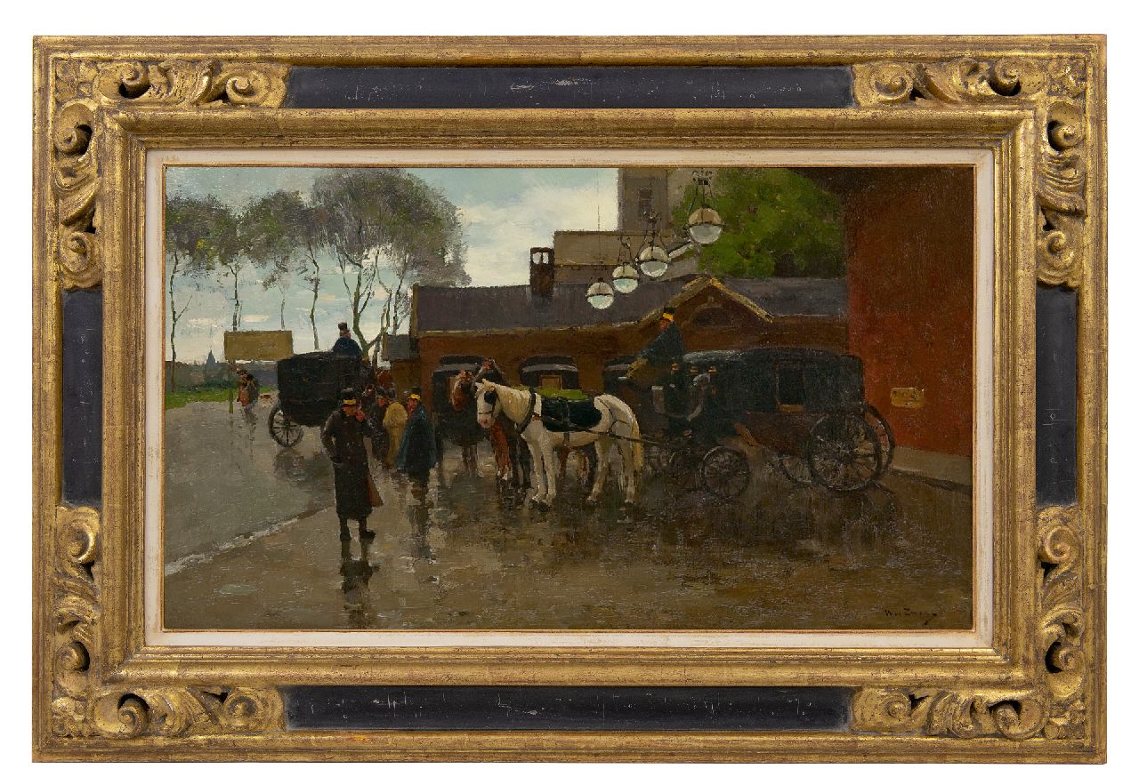 Zwart W.H.P.J. de | Wilhelmus Hendrikus Petrus Johannes 'Willem' de Zwart | Gemälde zum Verkauf angeboten | Kutschen vor dem Bahnhof Hollandse Spoor, Den Haag, Öl auf Leinwand 46,4 x 79,9 cm, Unterzeichnet r.u.