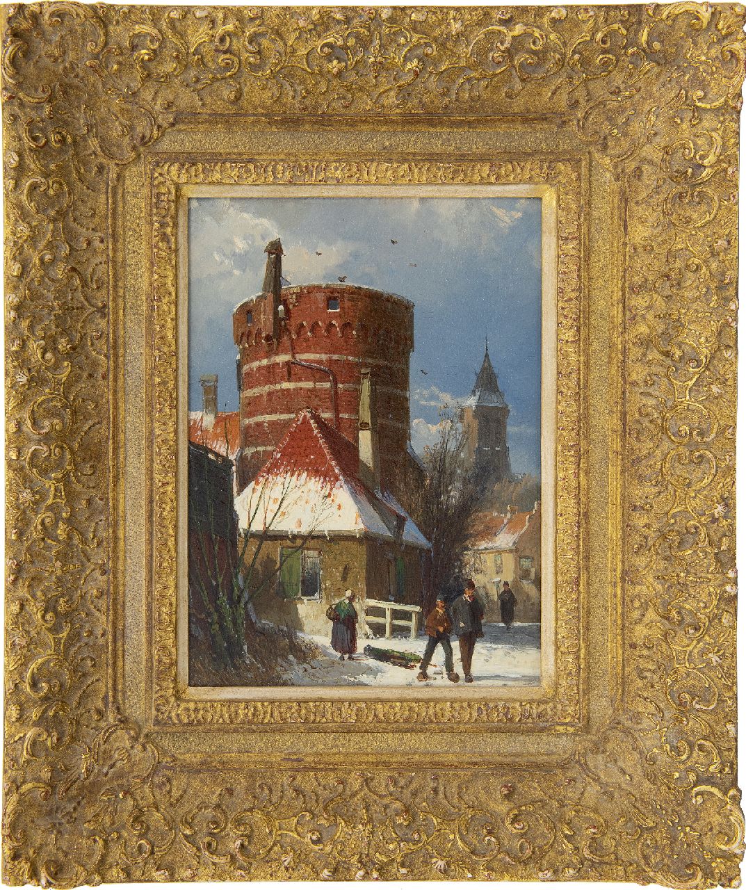 Koekkoek W.  | Willem Koekkoek | Gemälde zum Verkauf angeboten | Holländische Straße mit einem alten Festungsturm, im Schnee, Öl auf Holz 24,3 x 17,9 cm, zu datieren