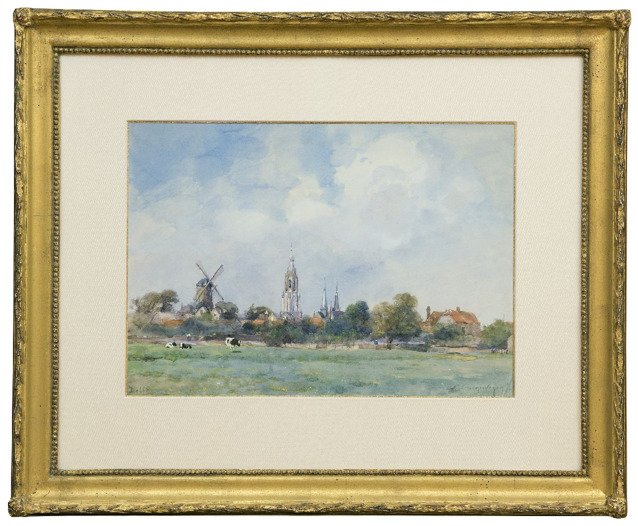 Groenewegen A.J.  | Adrianus Johannes Groenewegen, Blick auf Delft mit der Nieuwe Kerk, Aquarell auf Papier 24,5 x 34,5 cm, Unterzeichnet r.u.