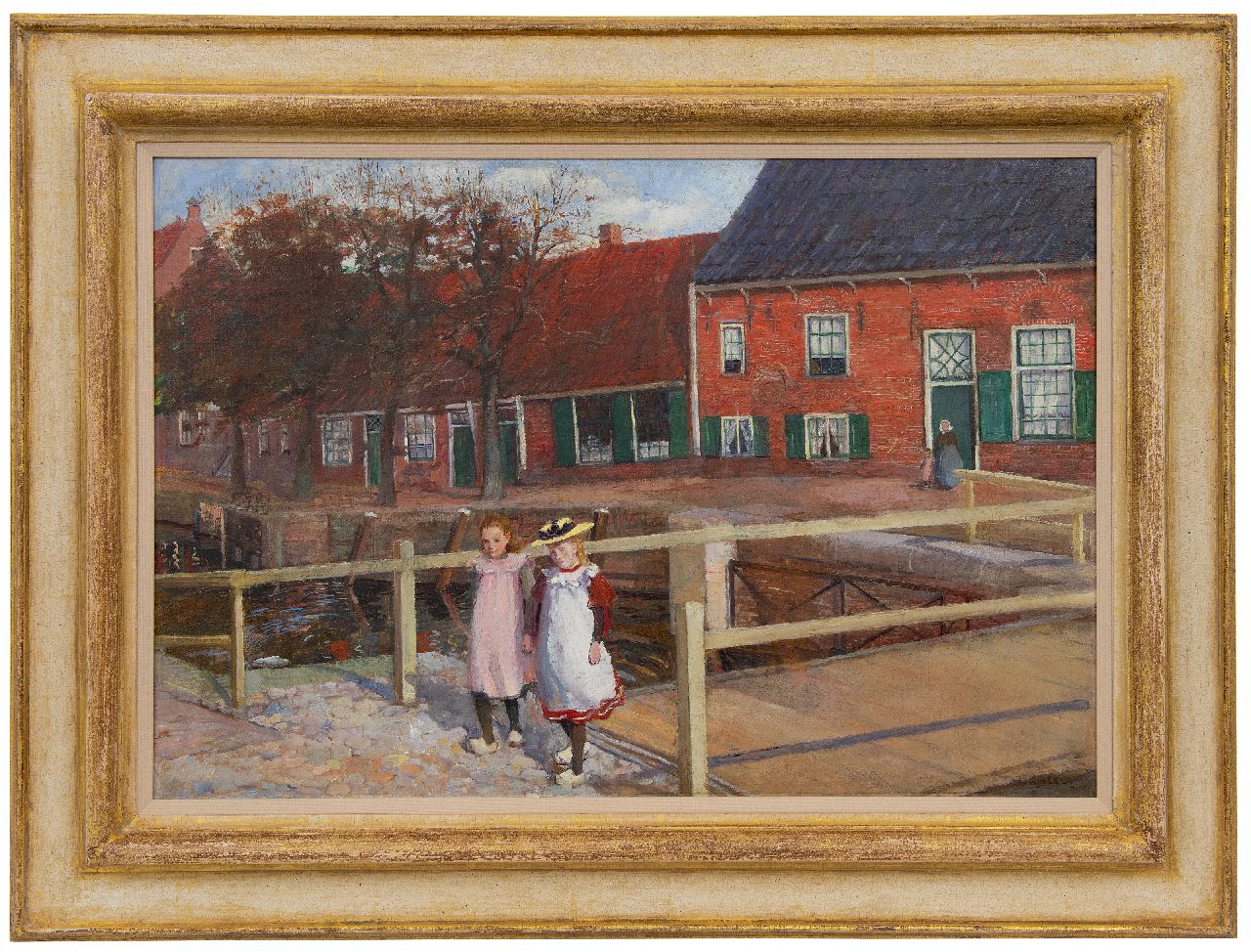 Koster J.P.C.A.  | Johanna Petronella Catharina Antoinetta 'Jo' Koster, Zwei Mädchen bei der Stadtgracht in Hasselt, Öl auf Leinwand 49,3 x 72,1 cm, Unterzeichnet u.r. und ca. 1901