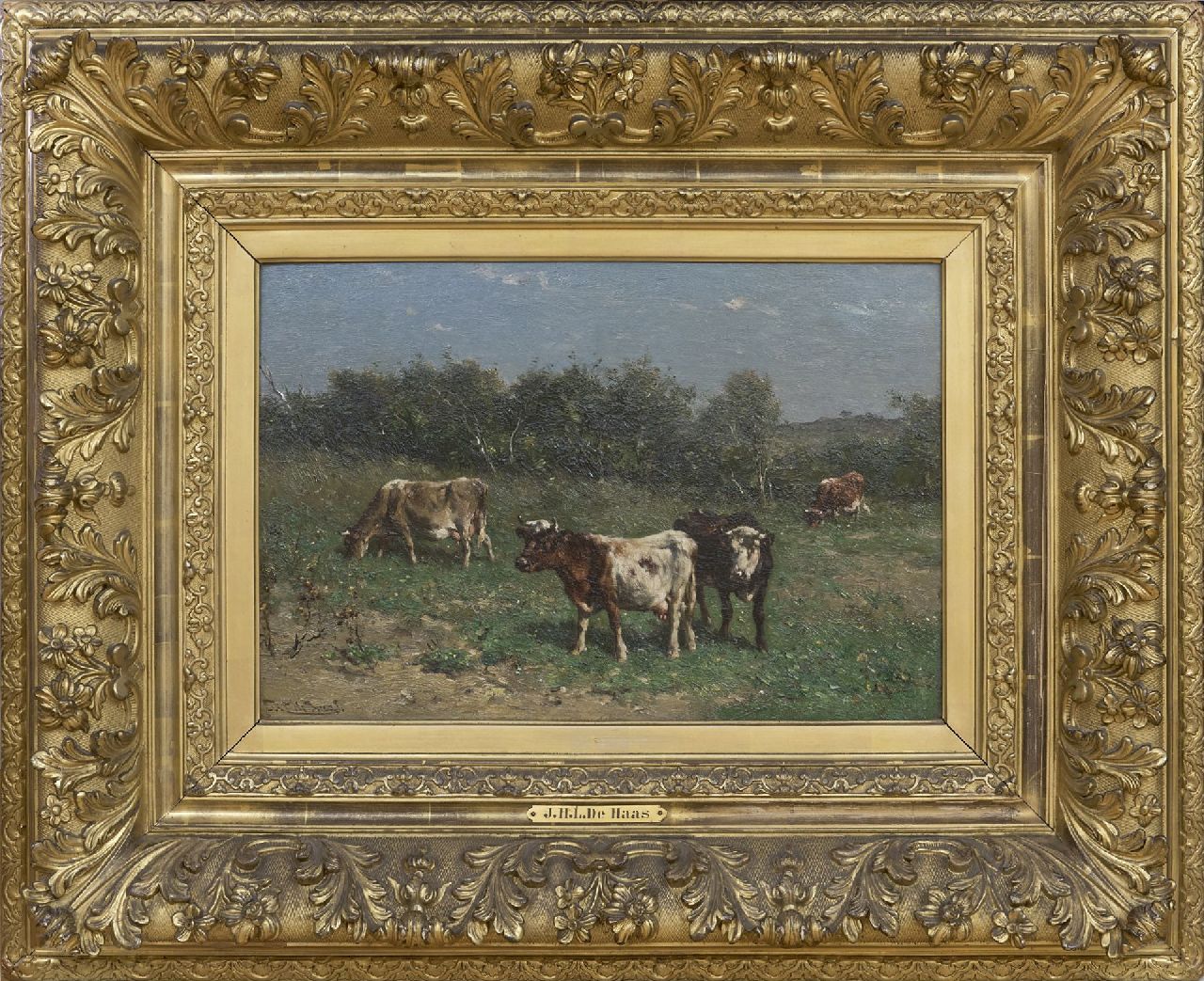 Haas J.H.L. de | Johannes Hubertus Leonardus de Haas | Gemälde zum Verkauf angeboten | Grasende Kühe in einer Dünenlandschaft, Öl auf Papier auf Holz 31,4 x 47,2 cm, Unterzeichnet l.u.