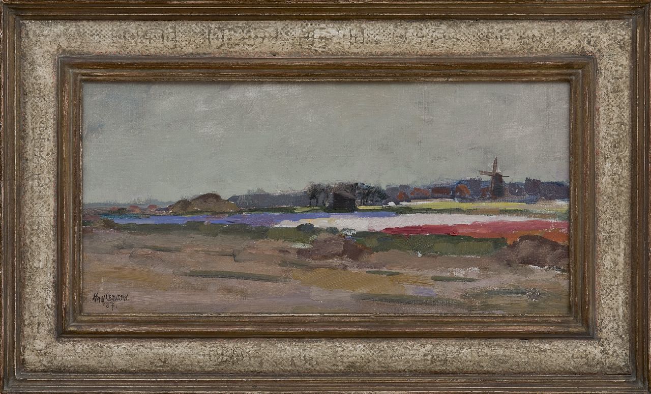 Grovers H.  | Han Grovers, Landschaft mit Blumenzwiebelfeldern und Mühle, Öl auf Leinwand auf Holz 23,3 x 48,8 cm, Unterzeichnet 'Han G( r)overs' l.u. und datiert '37