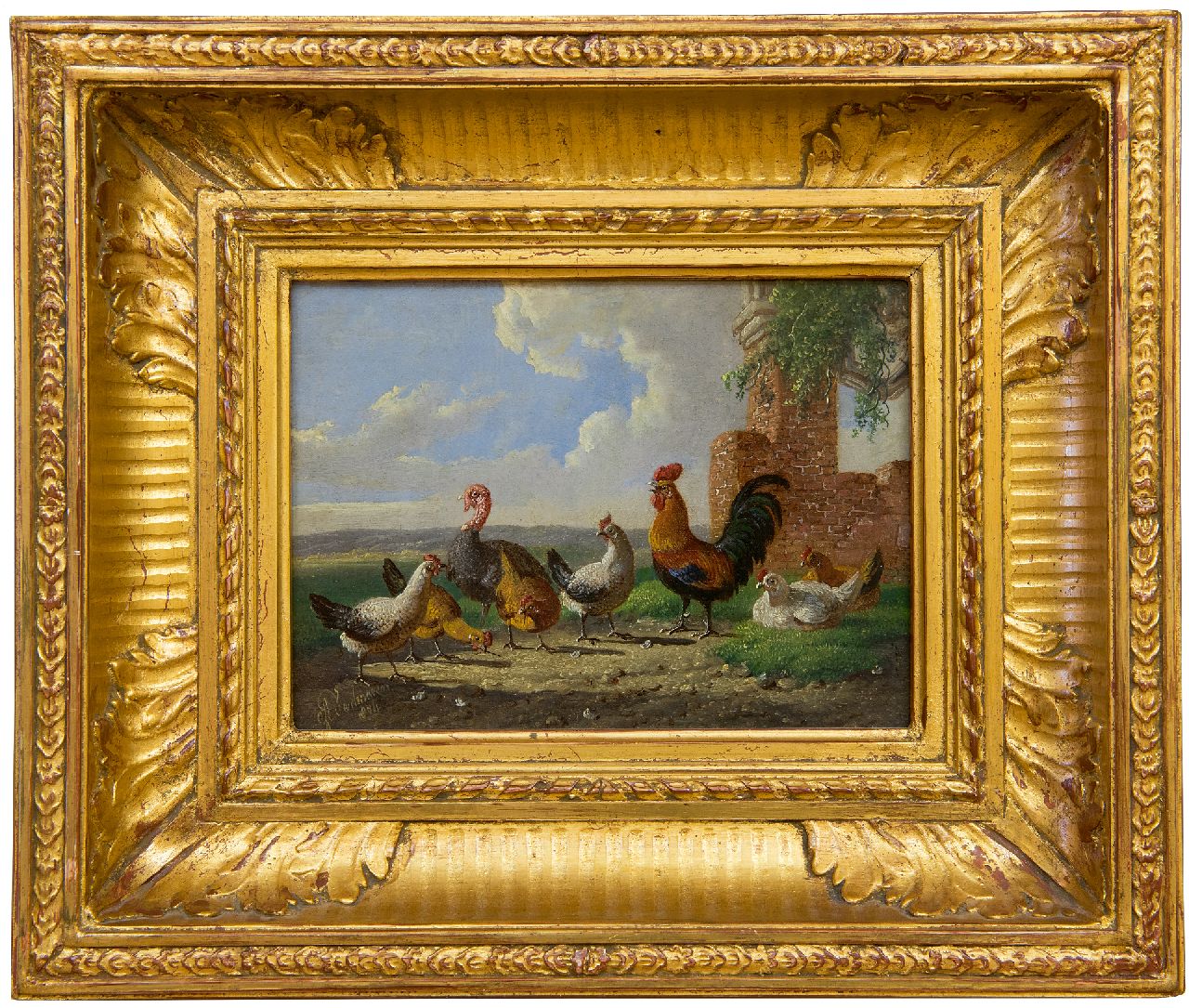 Verhoesen A.  | Albertus Verhoesen, Ein Truthuhn, Hahn und Hühner in einer Landschaft, Öl auf Holz 13,0 x 17,6 cm, Unterzeichnet l.u. und datiert 1874