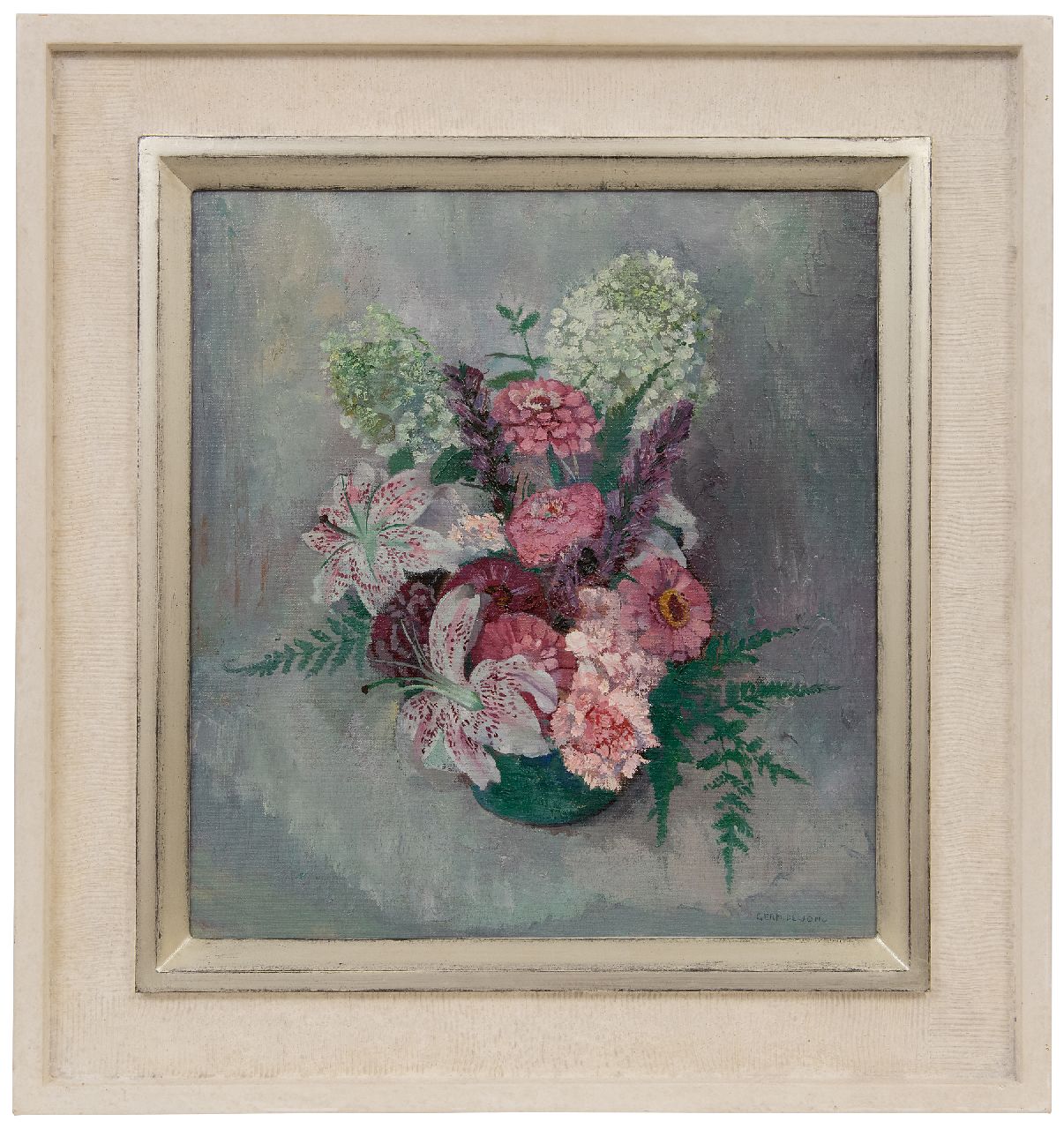 Jong G. de | Gerben 'Germ' de Jong | Gemälde zum Verkauf angeboten | Blumenstilleben mit Zinnien und Lilien, Öl auf Leinwand 46,2 x 42,3 cm, Unterzeichnet r.u.