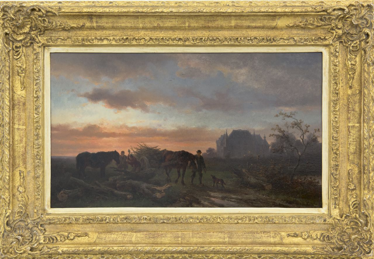 Verschuur W.  | Wouterus Verschuur, Abendlandschaft mit Holzfällern und ihren Pferden, Öl auf Holz 26,2 x 46,0 cm, Unterzeichnet r.u.