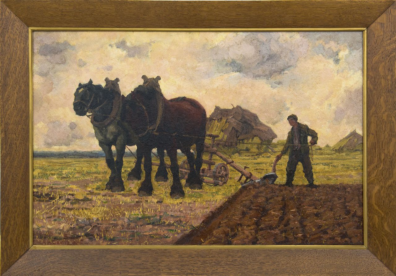 Gouwe A.H.  | Adriaan Herman Gouwe, Pflugende Pferde, Öl auf Leinwand 65,8 x 100,6 cm, Unterzeichnet l.u. und datiert 1911