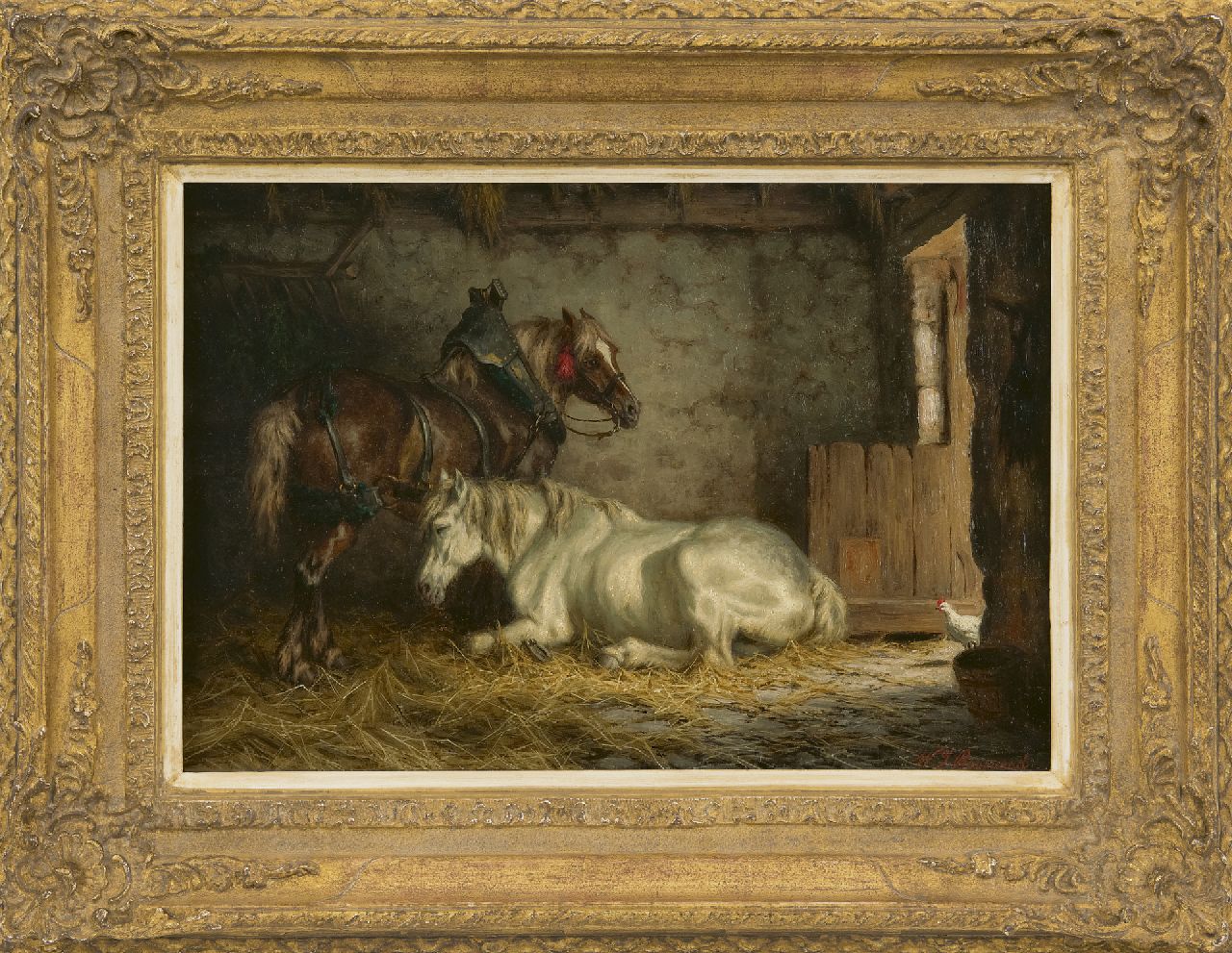 Boogaard W.J.  | Willem Johan Boogaard | Gemälde zum Verkauf angeboten | Ruhende Pferde in einem Stall, Öl auf Holz 27,5 x 40,0 cm, Unterzeichnet r.u.