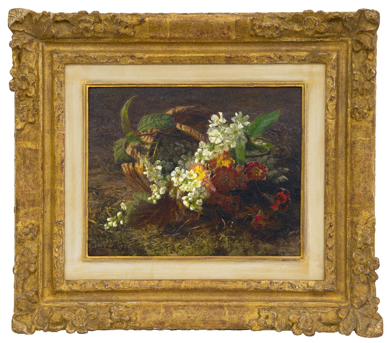 Sande Bakhuyzen G.J. van de | 'Gerardine' Jacoba van de Sande Bakhuyzen | Gemälde zum Verkauf angeboten | Stilleben mit Kirschblüte und Primel, Öl auf Holz 20,8 x 26,1 cm, Unterzeichnet l.u.