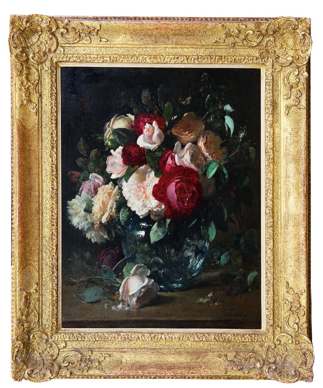 Joors E. | Eugeen Joors | Gemälde zum Verkauf angeboten | Rosen in einer Glasschale, Öl auf Leinwand 45,5 x 35,6 cm, Unterzeichnet r.u. und datiert 1887 Joors E. | Eugeen Joors | Gemälde zum Verkauf angeboten | Rosen in einer Glasschale, Öl auf Leinwand 45,5 x 35,6 cm, Unterzeichnet r.u. und datiert 1887