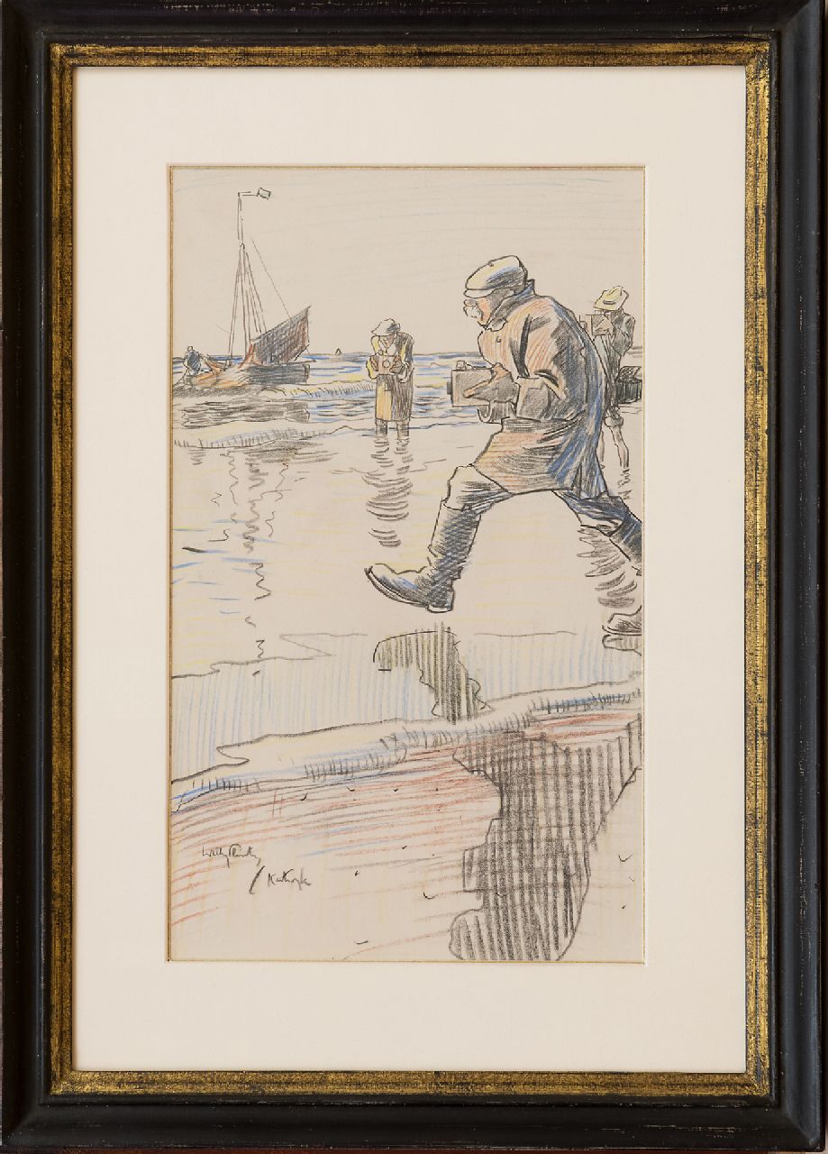 Sluiter J.W.  | Jan Willem 'Willy' Sluiter, Mit der Kamera auf dem Strand bei Katwijk, Kreide auf Papier 32,7 x 19,7 cm, Unterzeichnet l.u.