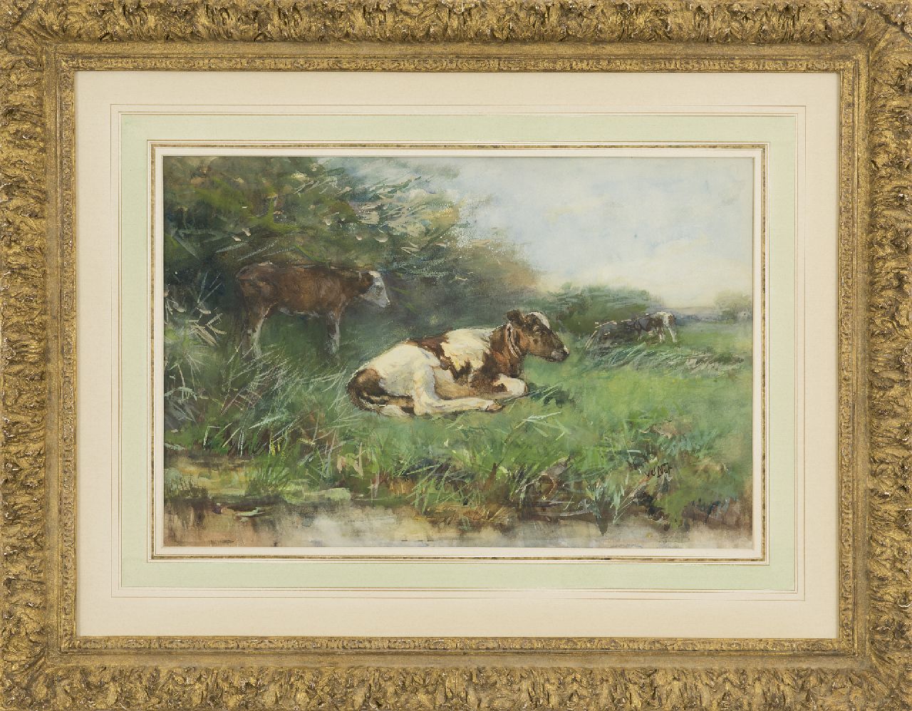 Nat W.H. van der | 'Willem' Hendrik van der Nat, Kälber in der Wiese, Aquarell auf Papier 33,3 x 49,6 cm, Unterzeichnet r.u.