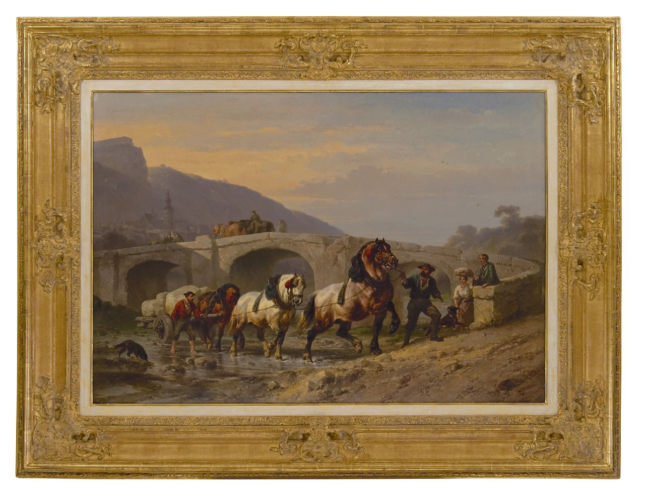 Verschuur W.  | Wouterus Verschuur, Workhorses near a bridge, Öl auf Holz 69,0 x 100,5 cm, signed l.r.