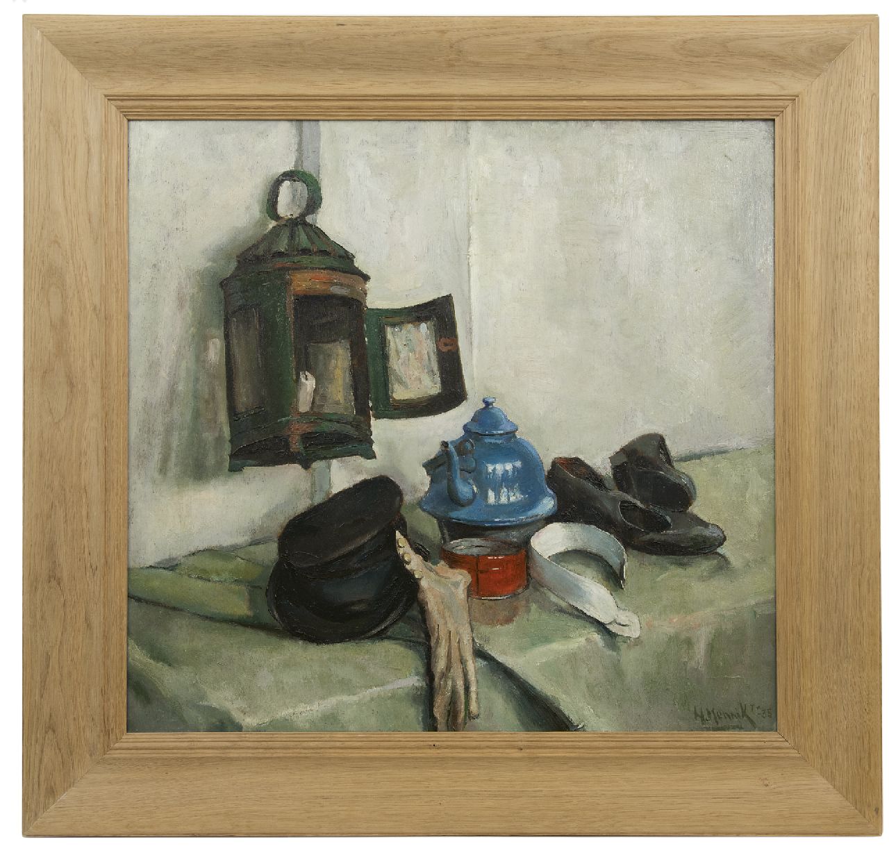 Munnik A.H.  | Andries Hendrik 'Henk' Munnik | Gemälde zum Verkauf angeboten | Stilleben mit Emailkessel und Laterne, Öl auf Holz 70,0 x 73,3 cm, Unterzeichnet r.u. und datiert '35
