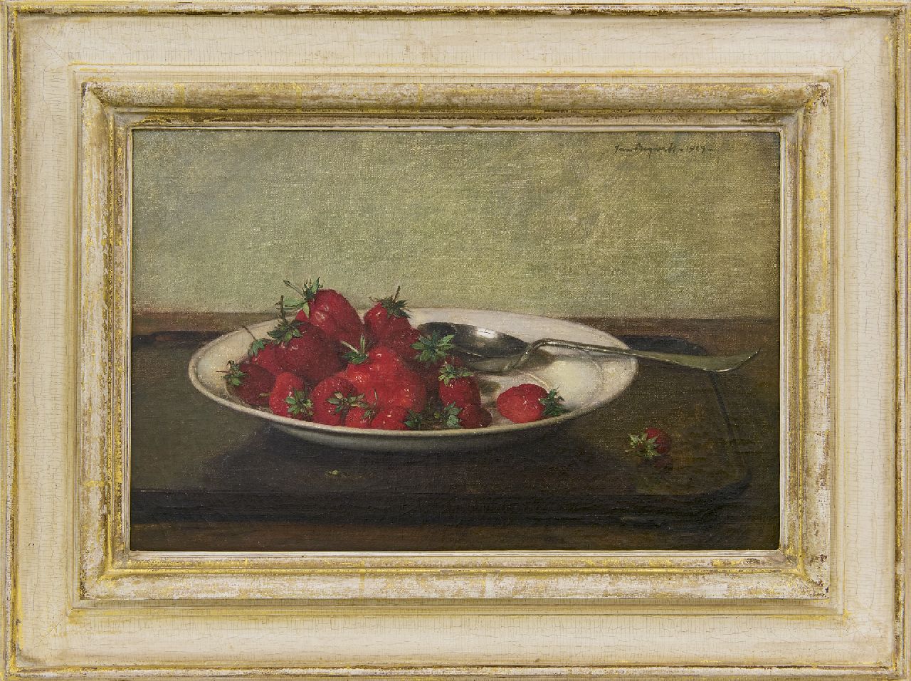 Bogaerts J.J.M.  | Johannes Jacobus Maria 'Jan' Bogaerts, Stilleben mit Erdbeeren auf einer Tonschale, Öl auf Leinwand 27,1 x 41,4 cm, Unterzeichnet r.u. und datiert 1929