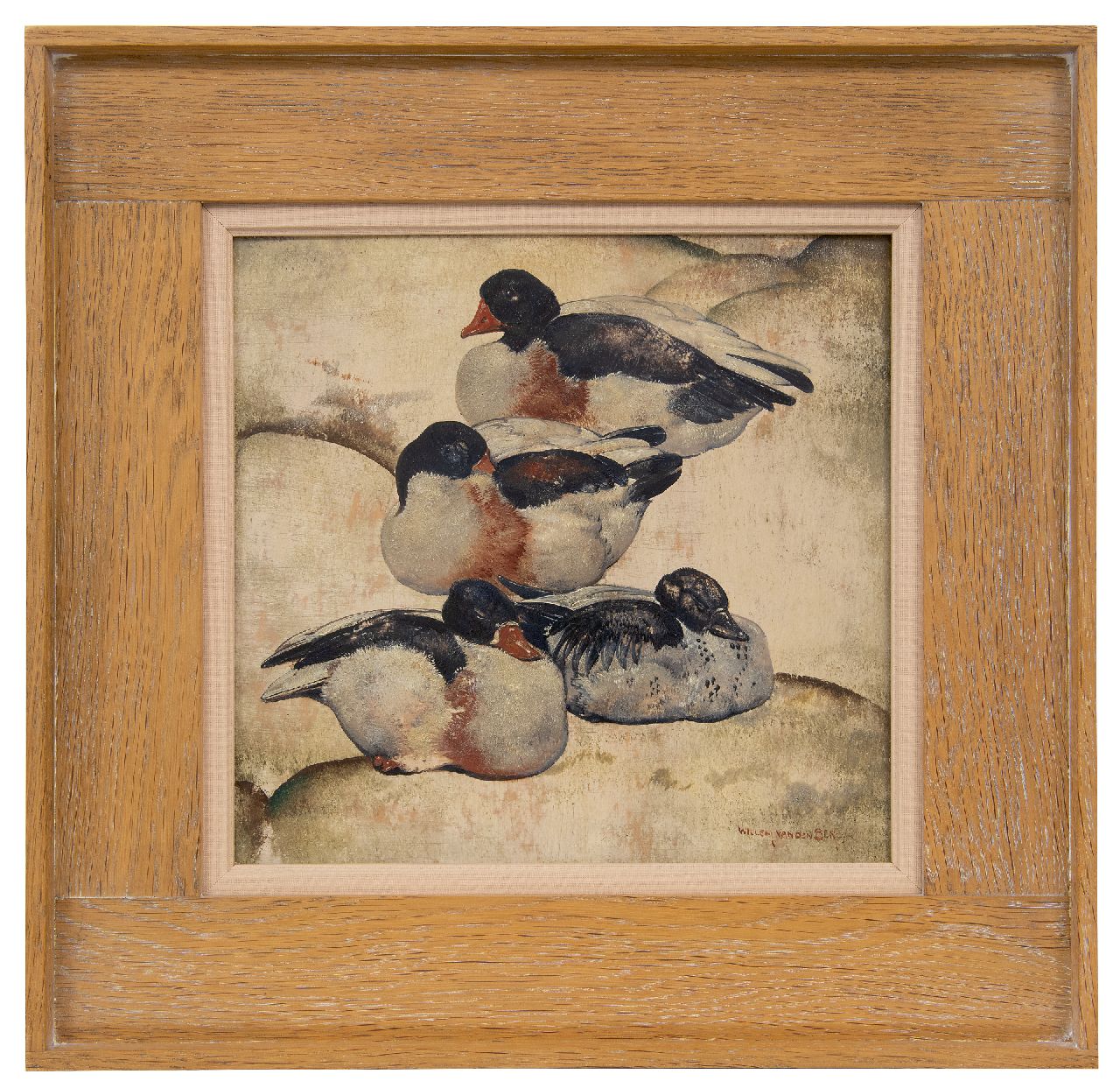 Berg W.H. van den | 'Willem' Hendrik van den Berg | Gemälde zum Verkauf angeboten | Vier Enten, Öl auf Holz 26,4 x 27,5 cm, Unterzeichnet r.u. und Im Verso datiert 1935