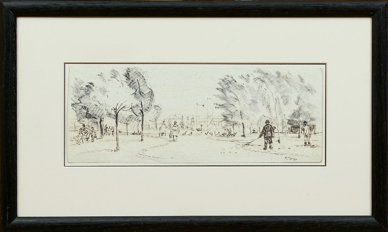 Noltee B.C.  | Bernardus Cornelis 'Cor' Noltee | Aquarelle und Zeichnungen zum Verkauf angeboten | Städtische Grünanlage, Zeichnung auf Papier 11,4 x 30,5 cm, Unterzeichnet r.u.