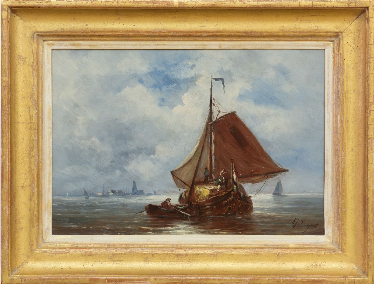 Prooijen A.J. van | Albert Jurardus van Prooijen, Segelndes Heuschiff, Öl auf Holz 23,7 x 34,3 cm, Unterzeichnet u.r.