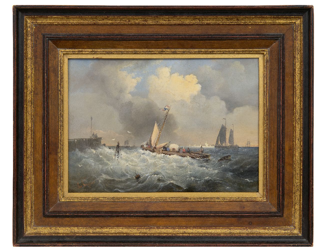 Kuijpers J.  | Jan Kuijpers | Gemälde zum Verkauf angeboten | Segelnde Fähre auf wildem Wasser, Öl auf Holz 19,2 x 26,0 cm, Unterzeichnet u.l. und zu datieren um 1860, ohne Rahmen