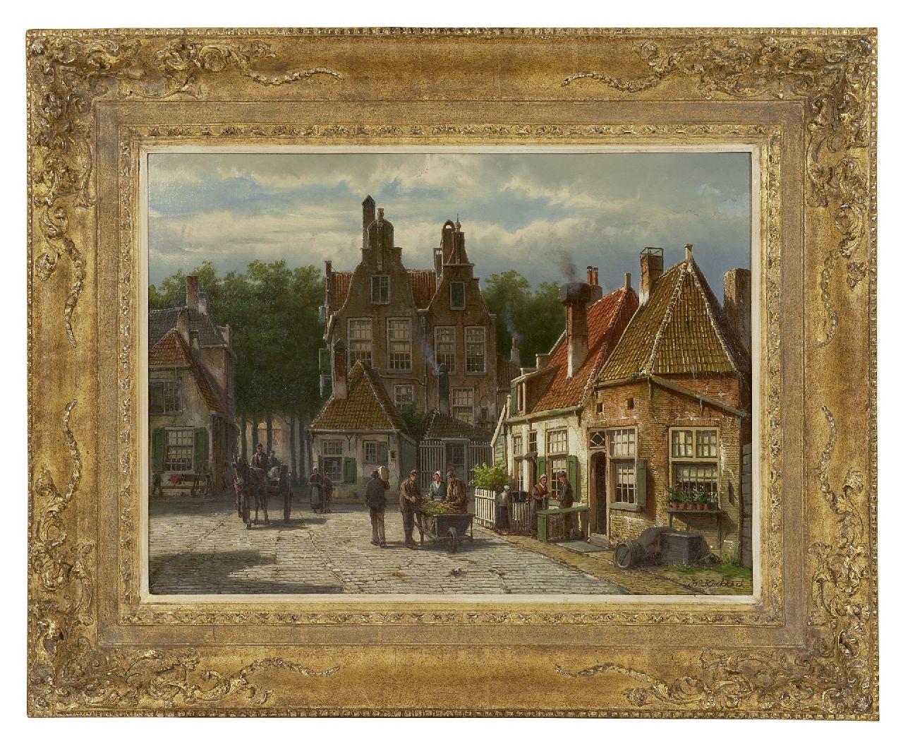Koekkoek W.  | Willem Koekkoek, Dorfbewohner auf sonnigem Platz, Öl auf Leinwand 44,5 x 60,7 cm, Unterzeichnet r.u.