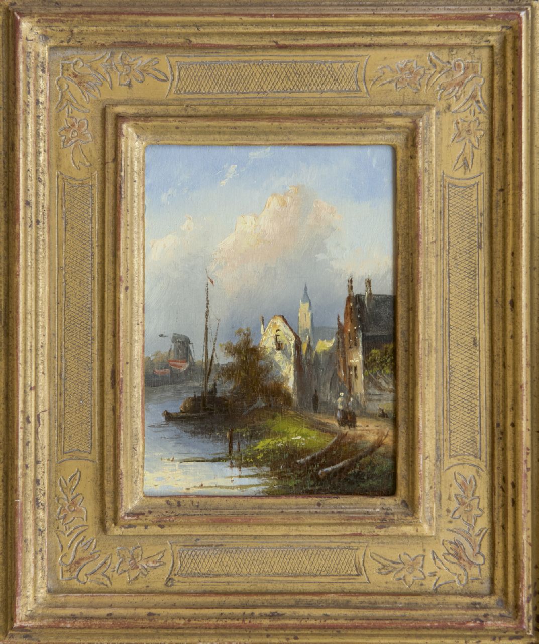 Spohler J.J.C.  | Jacob Jan Coenraad Spohler, Holländische Wasserlandshaft mit Häuser, Öl auf Holz 12,1 x 8,8 cm, Unterzeichnet Im Verso