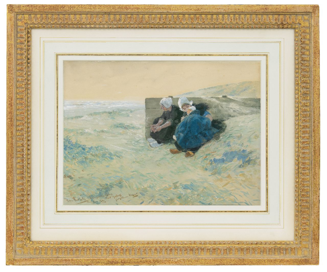 Bartels H. von | Hans von Bartels, Zwei Frauen und ein Kind in den Dünen, Gouache auf Papier 29,7 x 40,6 cm, Unterzeichnet l.u. und datiert 'München' 1893