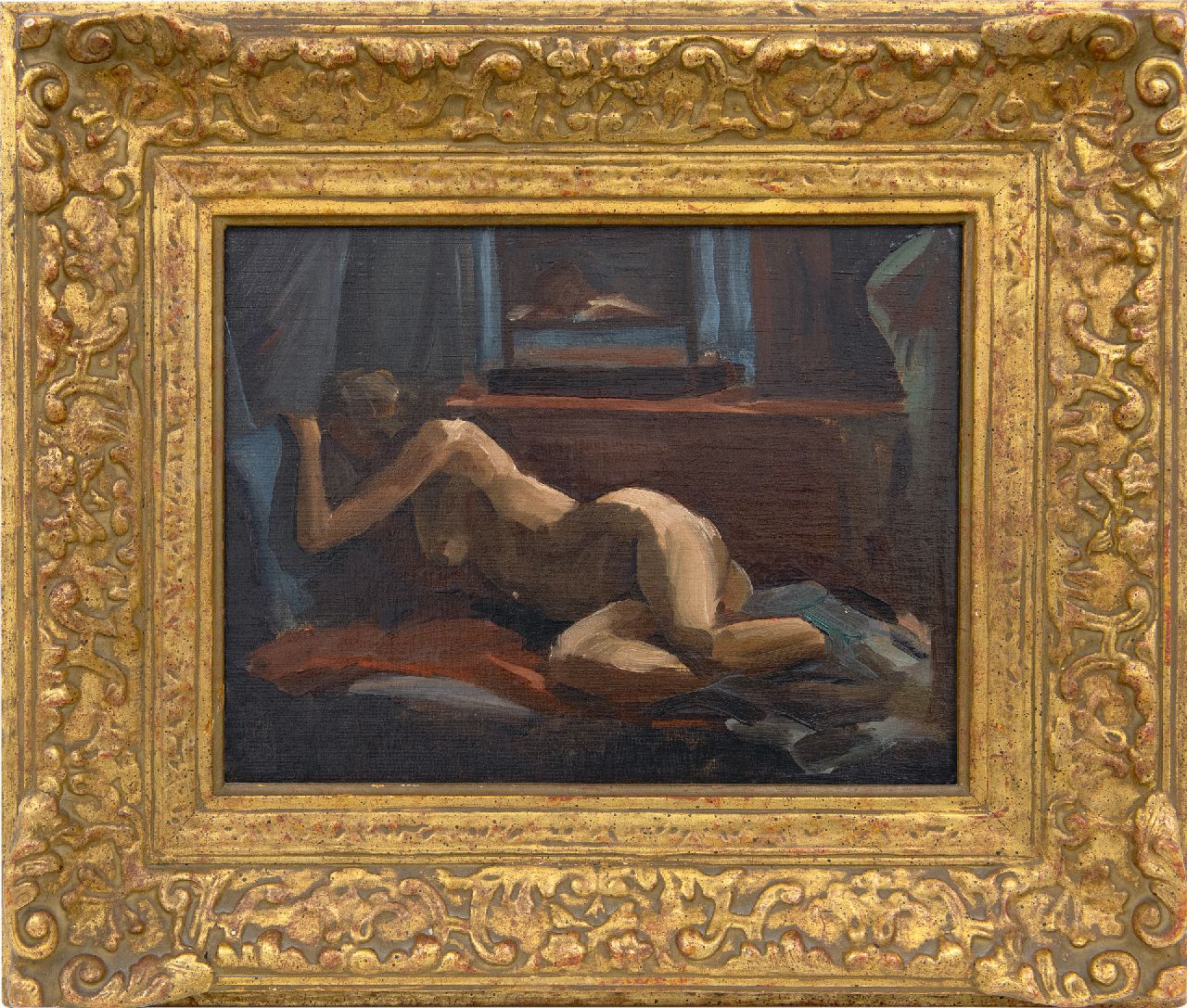 Maze P.L.  | 'Paul' Lucien Maze | Gemälde zum Verkauf angeboten | Ruhender weiblicher Akt, Öl auf Leinwand  auf Holzfaser 27,0 x 34,8 cm
