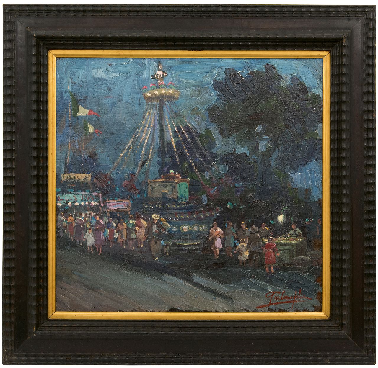 Giordano F.  | Felice Giordano | Gemälde zum Verkauf angeboten | Karussell am Abend, Öl auf Leinwand  auf Holzfaser 47,8 x 50,8 cm, Unterzeichnet r.u.
