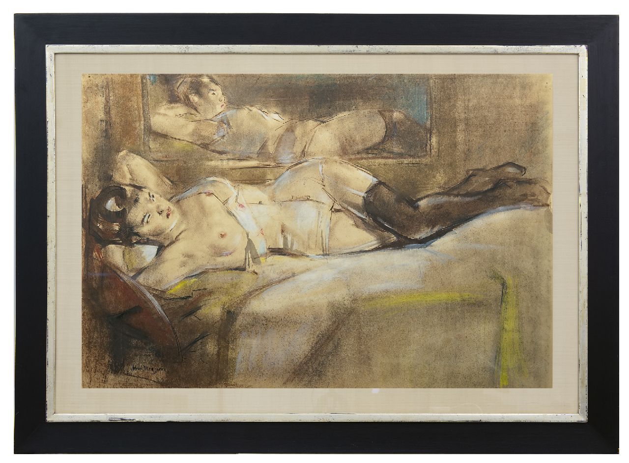 Meegeren H.A. van | Henricus Antonius 'Han' van Meegeren, Ruhender weiblicher Akt vor dem Spiegel, Pastell auf Papier 61,0 x 95,0 cm, Unterzeichnet l.u.