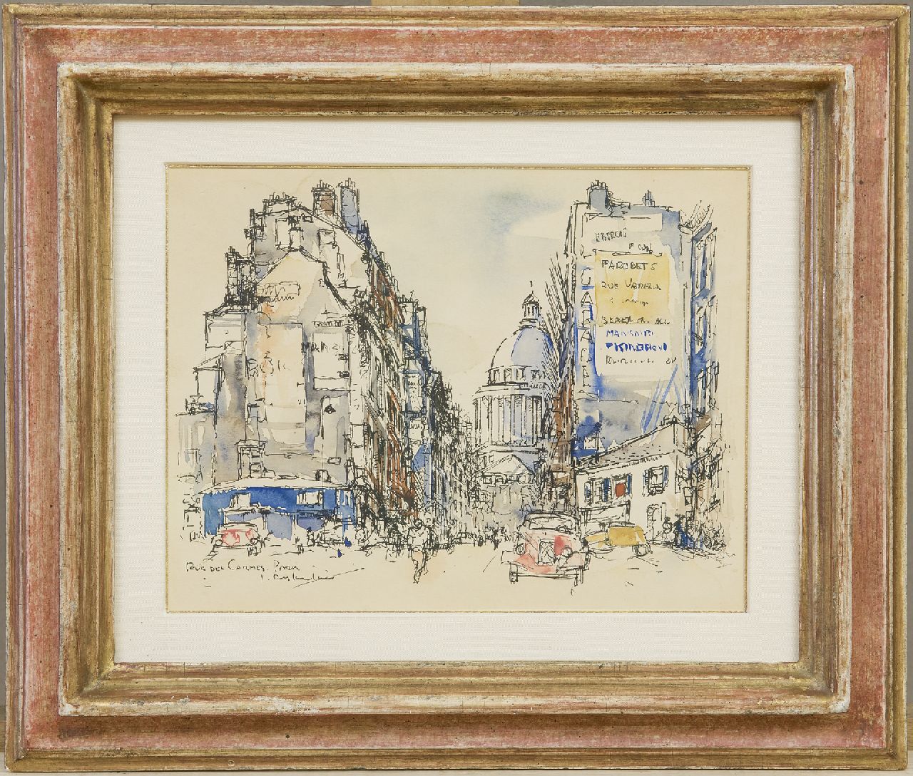 Rijlaarsdam J.  | Jan Rijlaarsdam, Die Rue des Carmes, Paris, mit einem Citroën Traction Avant, Feder, Tinte und Aquarell auf Papier 18,9 x 24,2 cm, Unterzeichnet l.u. und zu datieren Jahre '50