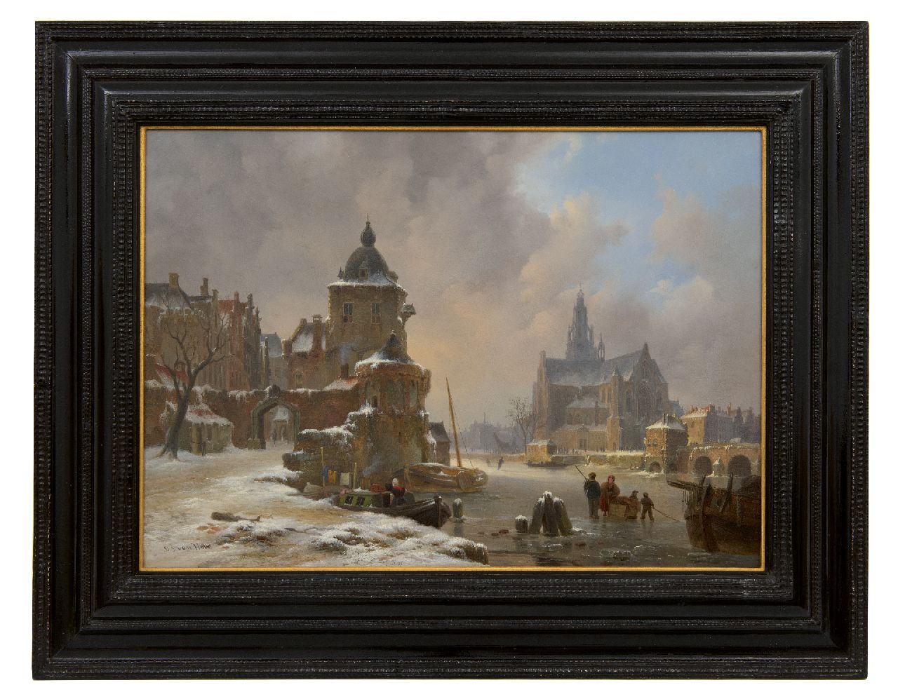 Hove B.J. van | Bartholomeus Johannes 'Bart' van Hove, Winterlandschaft mit zugefrorenem Fluss, Öl auf Holz 34,2 x 48,5 cm, Unterzeichnet l.u.