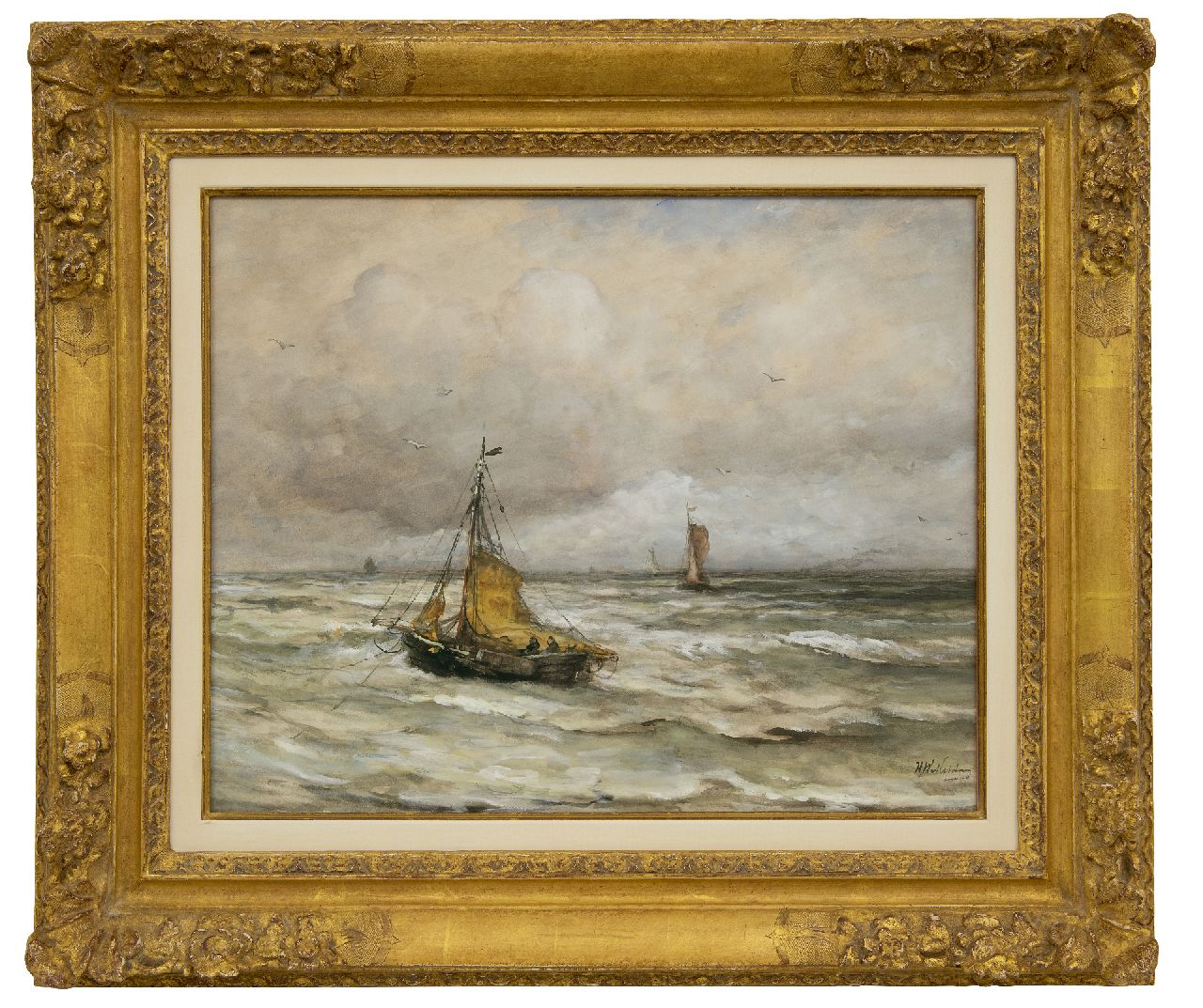 Mesdag H.W.  | Hendrik Willem Mesdag, Vor Anker in der Brandung, Aquarell und Gouache auf Papier 44,5 x 55,4 cm, Unterzeichnet u.r.