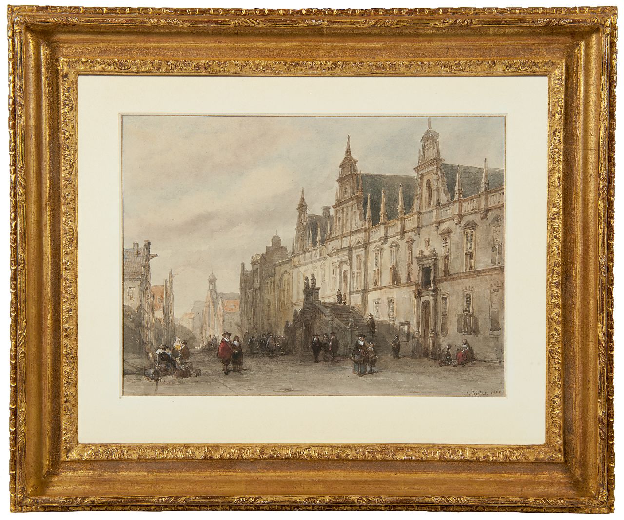 Behr C.J.  | Carel Jacobus Behr | Aquarelle und Zeichnungen zum Verkauf angeboten | Anblick auf das Rathaus von Leiden, Aquarell auf Papier 24,0 x 31,7 cm, Unterzeichnet r.u. und datiert 1860