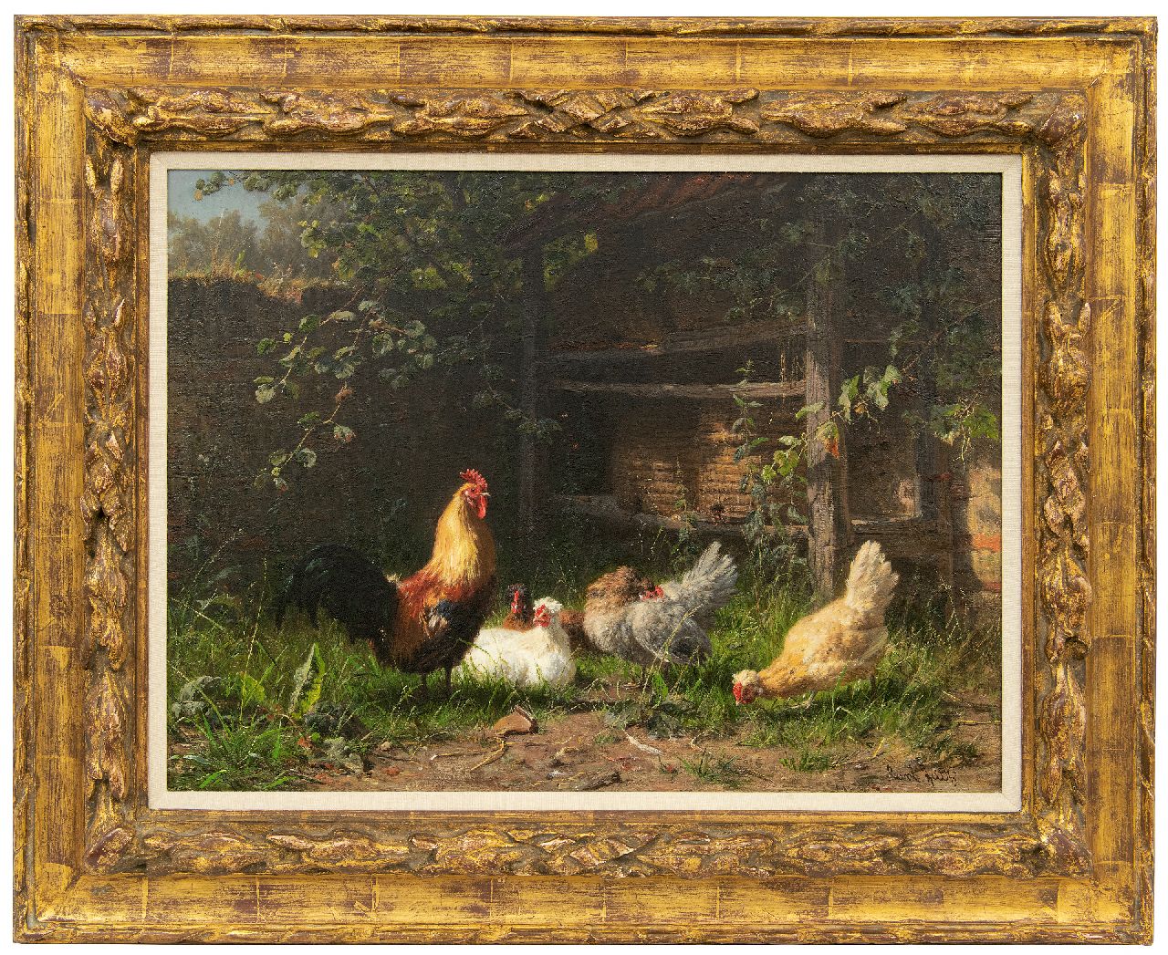 Jutz C.  | Carl Jutz | Gemälde zum Verkauf angeboten | Hahn und Hennen bei Bienenstöcke, Öl auf Leinwand 43,0 x 58,0 cm, Unterzeichnet r.u.
