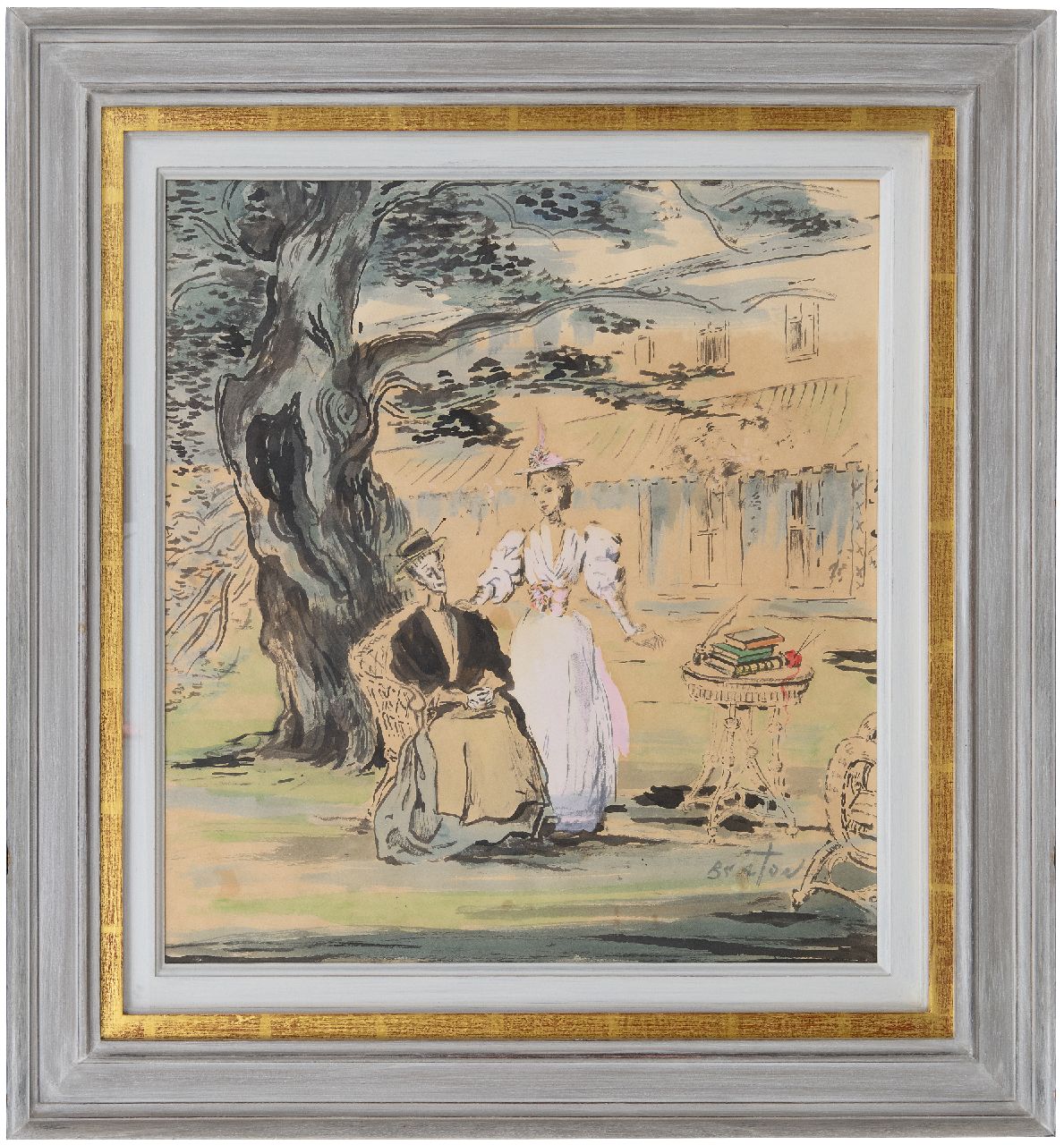 Beaton C.W.H.  | Cecil Walter Hardy Beaton | Aquarelle und Zeichnungen zum Verkauf angeboten | Szene aus dem Theaterstück The importance of being Earnest: Miss Prism und Cecily, Ausziehtusche und Aquarell auf Papier 46,5 x 49,5 cm, Unterzeichnet r.u.