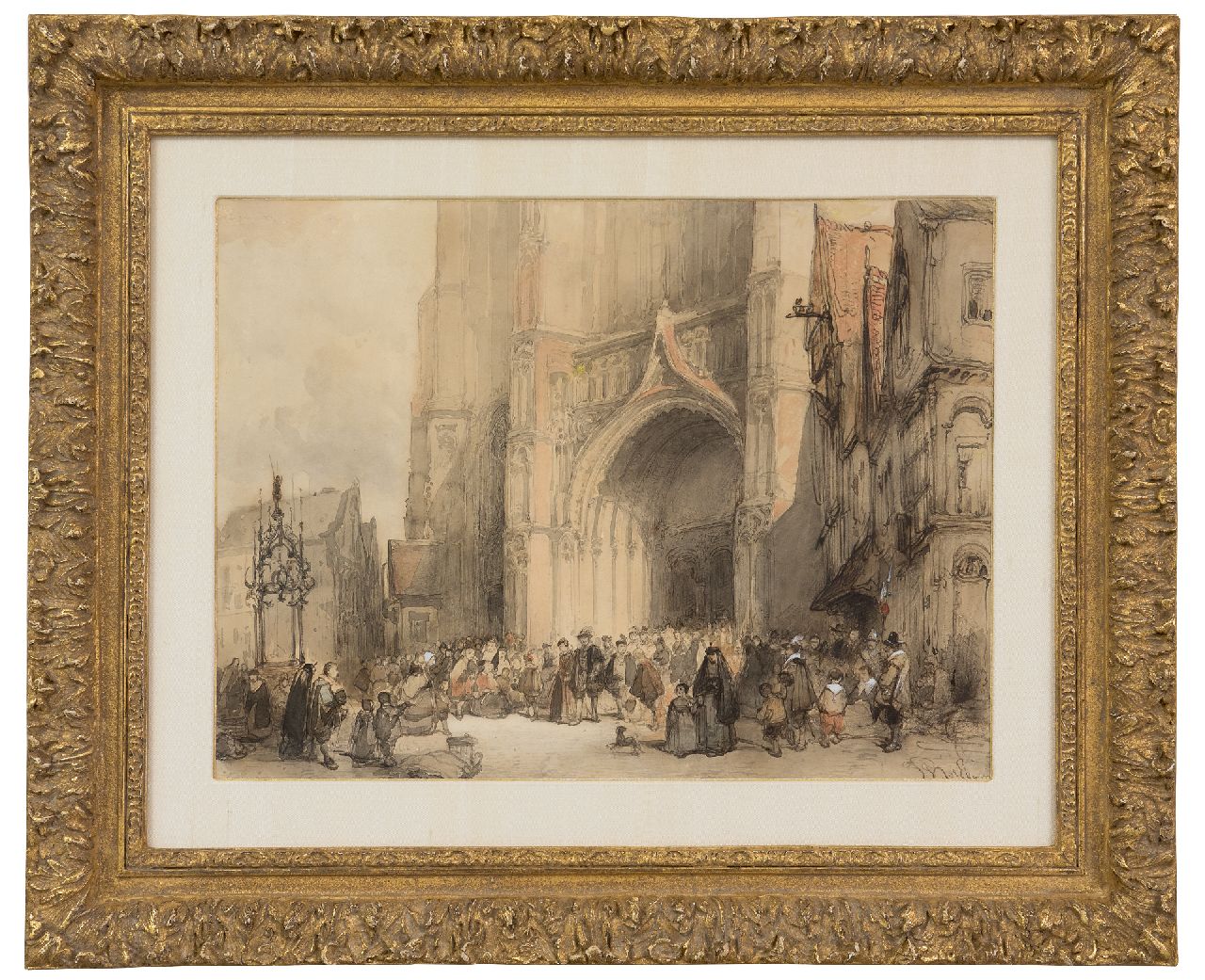 Bosboom J.  | Johannes Bosboom, Nach der Messe in der Kathedrale von Antwerpen, Tinte, Kreide und Aquarell auf Papier 30,7 x 40,7 cm, Unterzeichnet r.u.