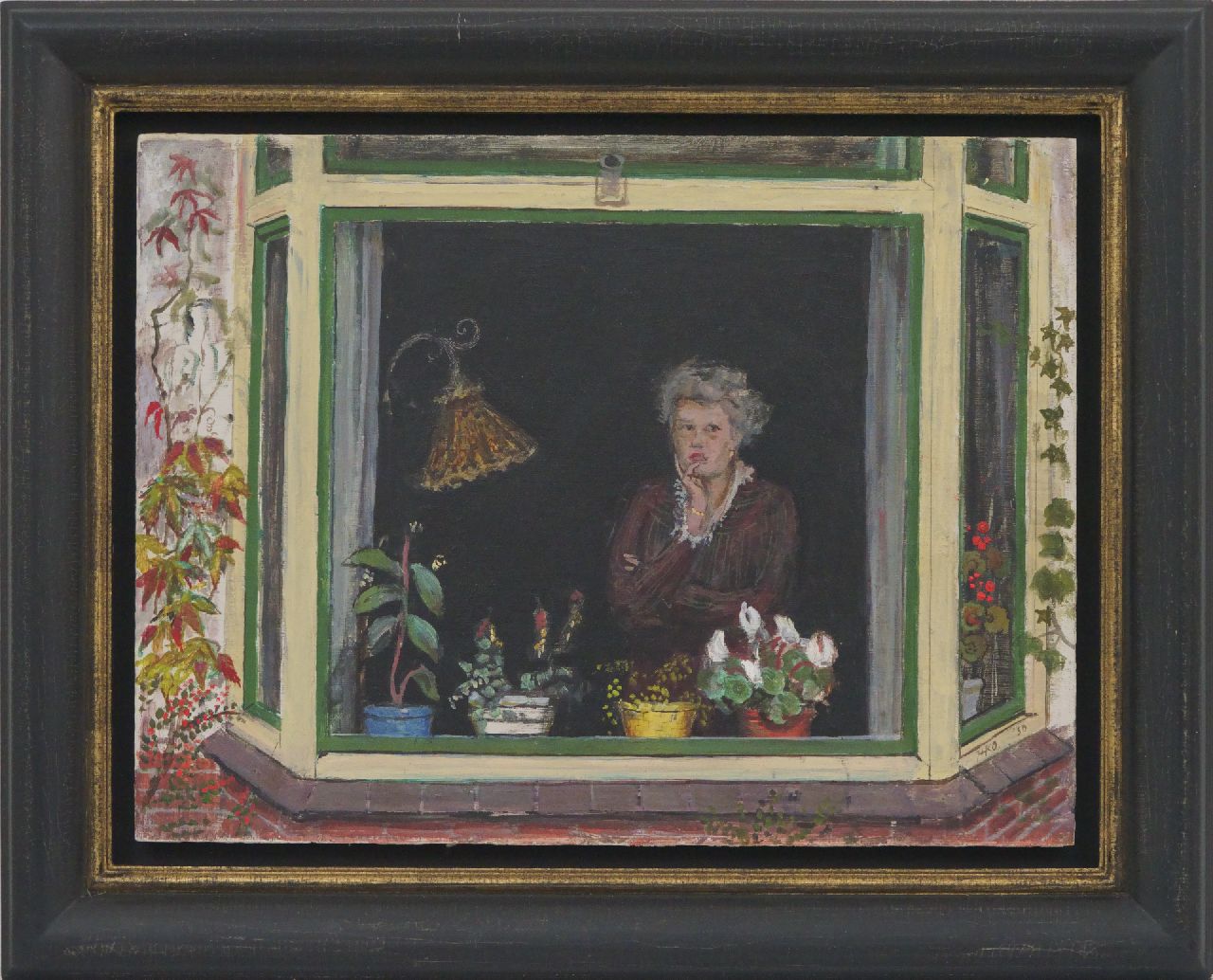 Kamerlingh Onnes H.H.  | 'Harm' Henrick Kamerlingh Onnes, A woman in an bay window, Öl auf Holzfaser 30,2 x 40,0 cm, signed l.r. with monogram und dated '50
